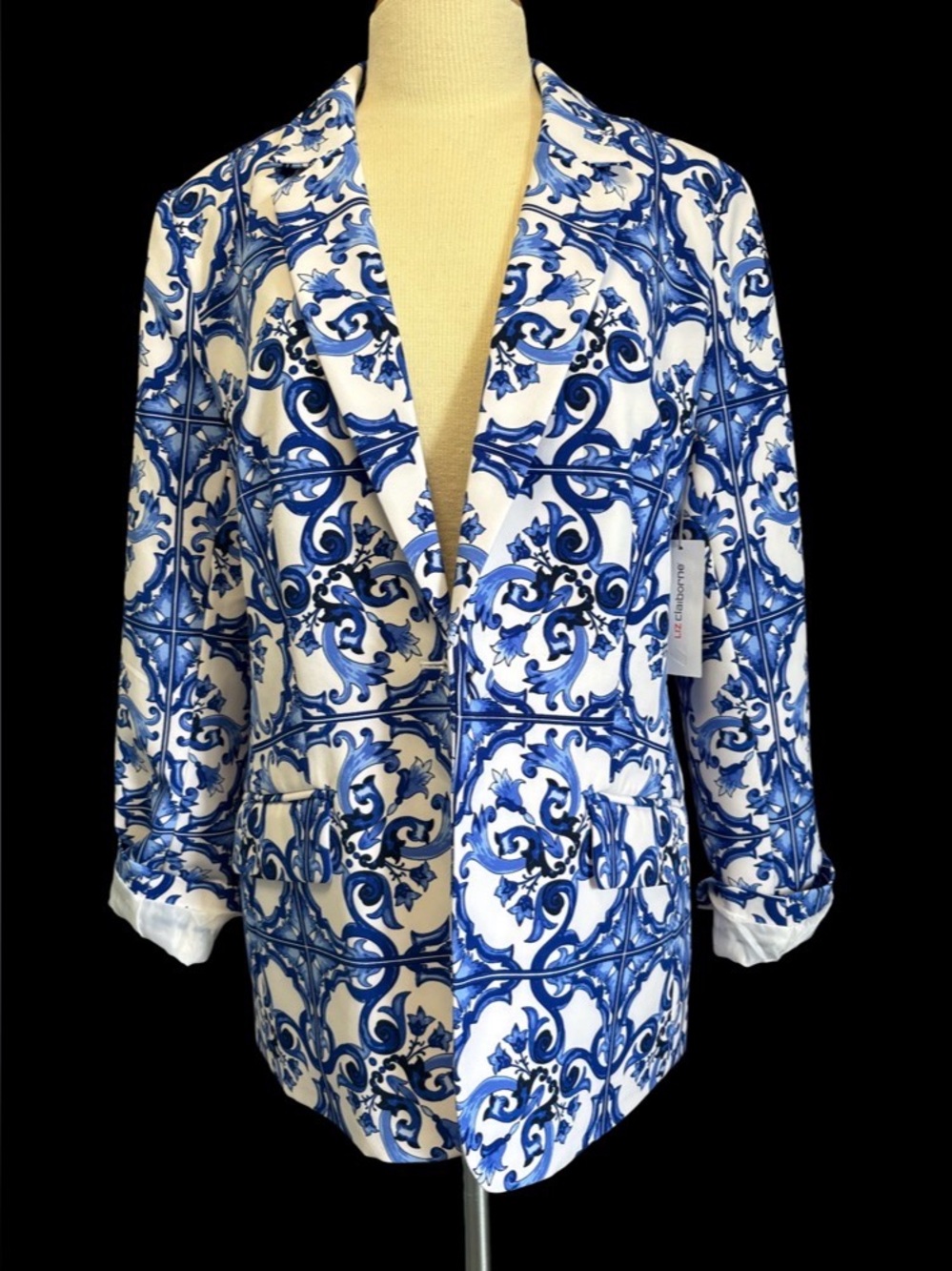 NWT Blue & White Liz Claiborne Tile Print Blazer